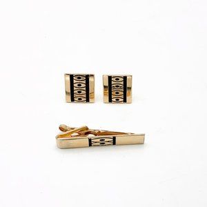 Mid Century Modern Cuff Links and Tie Clip Set Black and Gold Atomic